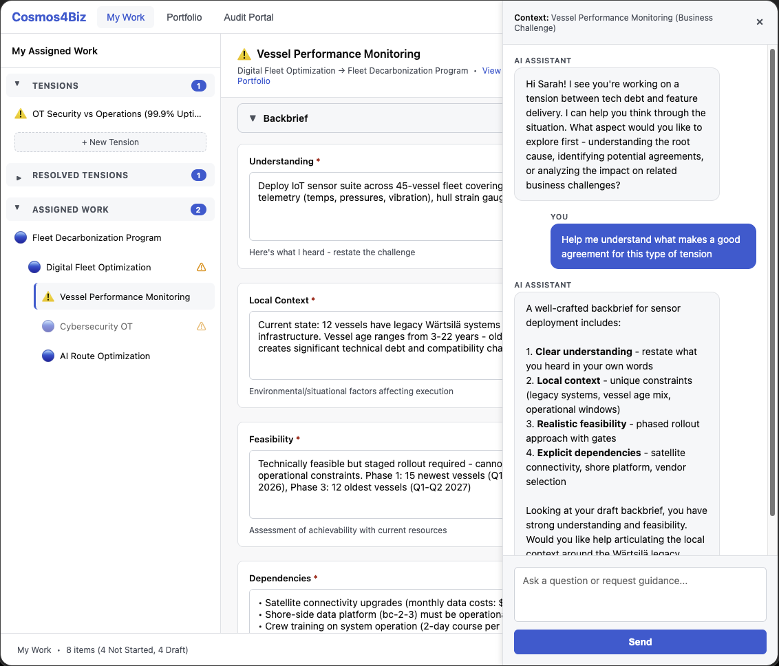 Praxis strategic intent process showing a cascade of strategic initiatives, business challenges, and backbrief workflow